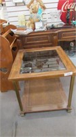 Wicker & Wood End Table W/ Glass Top