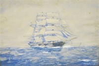 J.E. MACDONALD WATERCOLOR OF A THREE MASTED SHIP