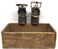 2 Vintage Miners Lamps And Explosives Crate
