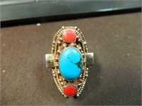 Native American Turquoise and Coral Ring