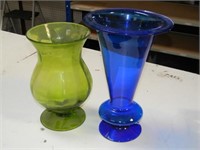 Blenko Handmade Blue Tall Vase & a Green Vase