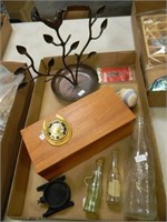 Vntg Bottles, Wood Dresser Box, Metal Jewelry Tree