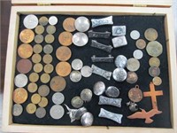 Old coins and misc. in display box