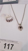 Garnet (?) & Sterling ring & Necklace Set