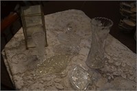 ASSORTED PRESSED GLASS ITEMS AND MISC