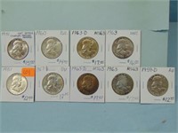 Lot of Nine Franklin Silver Half Dollars - AU to B
