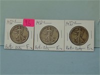 Three 1933-S Walking Liberty Silver Half Dollars -