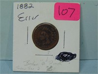 1882 Indian Head Penny - Broken 2 Punch Error Snow