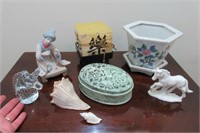 asian figurine -candle -flower pot -metal box -