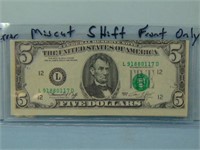 1974 United States $5 Note - Shift Miscut Error