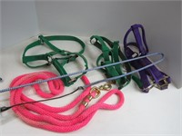 (3) Colored Horse Halters, Whip & Pink Rope