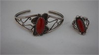Sterling Silver & Coral Cuff Bracelet and Ring Set