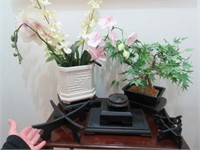 artificial flowers -wooden risers/holders -basket