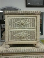 White wicker and wood two drawer bedside table