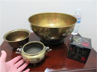 large brass center bowl on riser -2 other brass