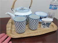 blue / white tea set for 2 -tray -other pieces