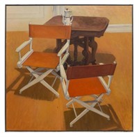 LARGE FRAMED OIL PAINTING, ORANGE CHAIRS, 1981
