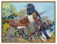 LARGE TED E. WELLER OIL ON BOARD PAINTING, ROBINS