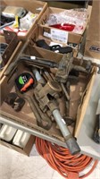 Box lot of tools including a sheet metal clamp,