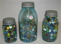 (3) Antique Blue Ball jars with lids of various