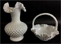 (2) Fenton Hobnail Milk Glass Vase & Basket