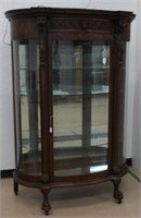 Oak Curved Glass China Cabinet with Lions