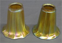 2 Gold Aurene Quezal Ribbed Art Glass Shades