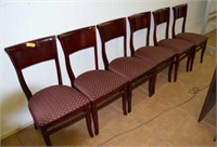 6-BURGUNDY WOOD AND CLOTH CHAIRS