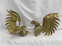 PAIR BRASS FIGHTING ROOSTERS 9.,5"T