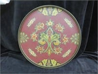 DECORATED HEAVY ROUND WOOD TRAY WITH PIERCED