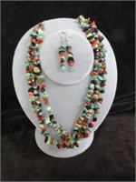 MULTI-COLOR STONE NECKLACE AND EARRING SET 18"T
