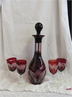 5PC RUBY CUT TO CLEAR DECANTER SET 13.5"T
