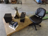 OFFICE CHAIR, 3 WAY POWER TV, TABLE, SONY SPEAKERS