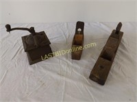 3 ANTIQUES -2. Wooden Wood Planes & Coffee Grinder