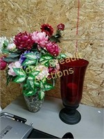 Large stone filled flower vase, red candelabra