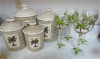 palm tree canister set & 4 wine glasses