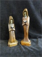 PAIR WOOD CARVED MONK FIGURES 12" TALLEST