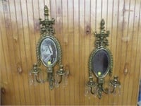 PAIR BRASS BEVELED MIRROR WALL SCONCES WITH