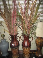 2 Metal Double Handled Vases w/Foliage