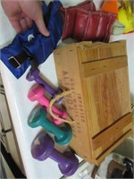 wooden wine box & misc weights