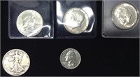 5- Silver Coins, 4- Half Dollars & 1 Quarter