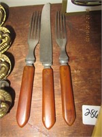 3 Antique Butterscotch Bakelite Forks & Knife-