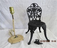 Wrought iron lamp, chair, miniature sad iron on