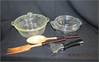 2 casserole dishes, Pyrex and Anchor, salad set