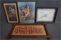4 Vintage Framed Pictures and Embroidery Decor