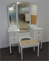 Vintage Vanity with Hinged Triple Mirror and Stool