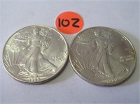 C102) 1988, 1990 Walking Liberty Silver Dollars;