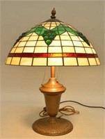 Antique Leaded Glass Lamp w/Brass Base