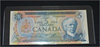 Vintage $5 dollar Canadian Banknote 1972