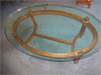 Oval Glass and Wood Base Coffee Table